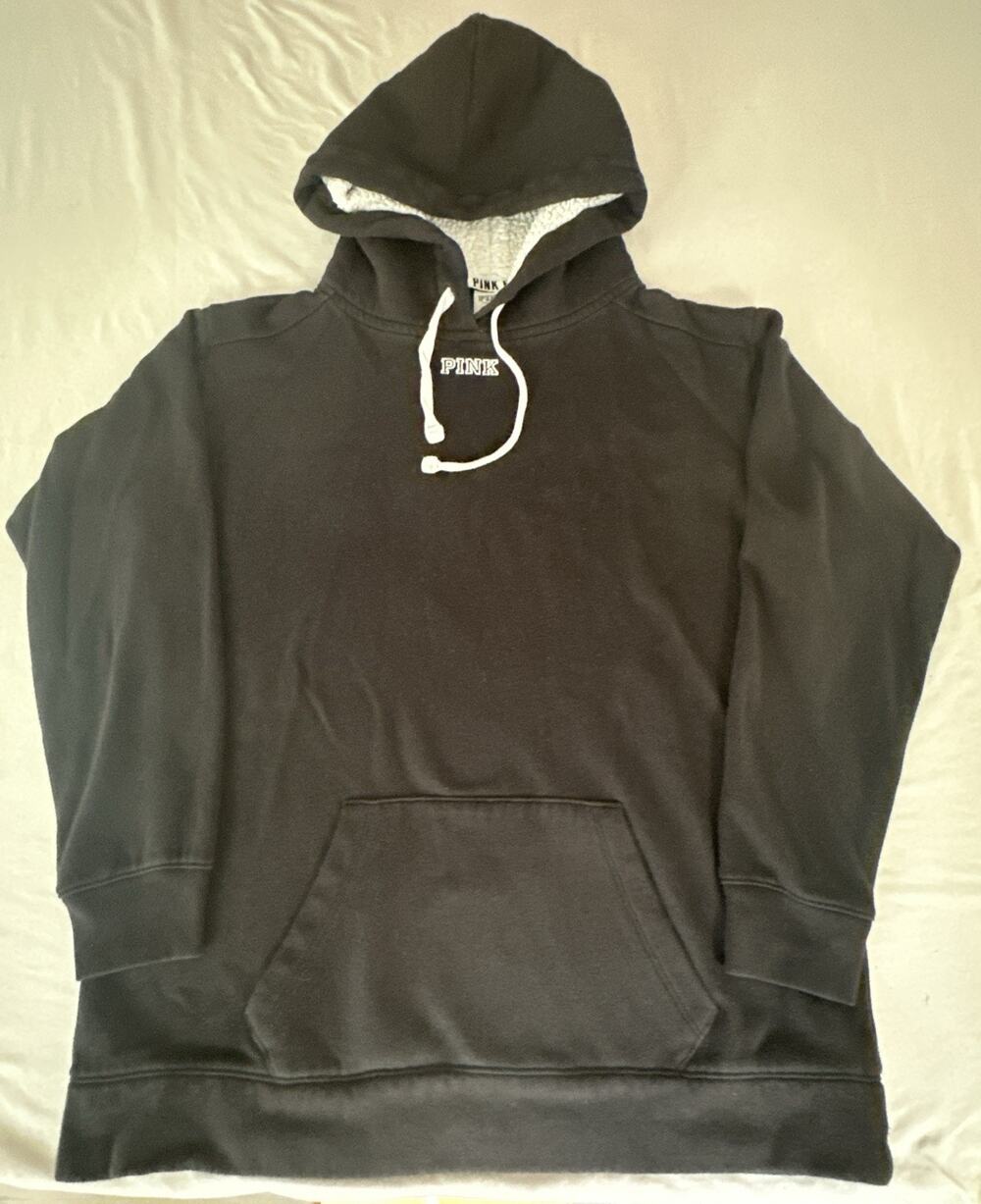 Victorias Secret PINK Hoodie Womens Small Black White Sherpa Hood Ladies